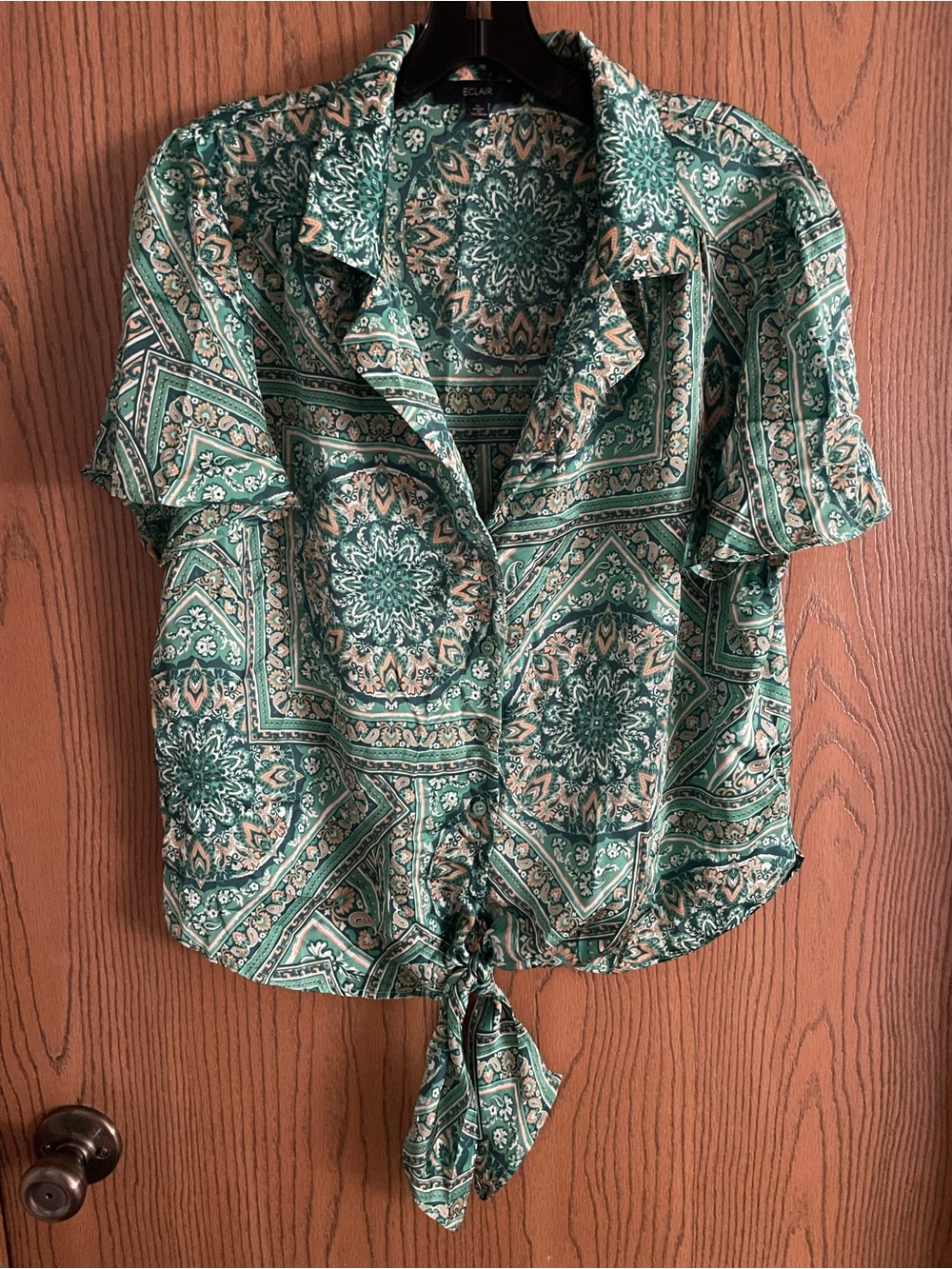 Green Button Down Shirt in Green Medallion Print with Tie Front